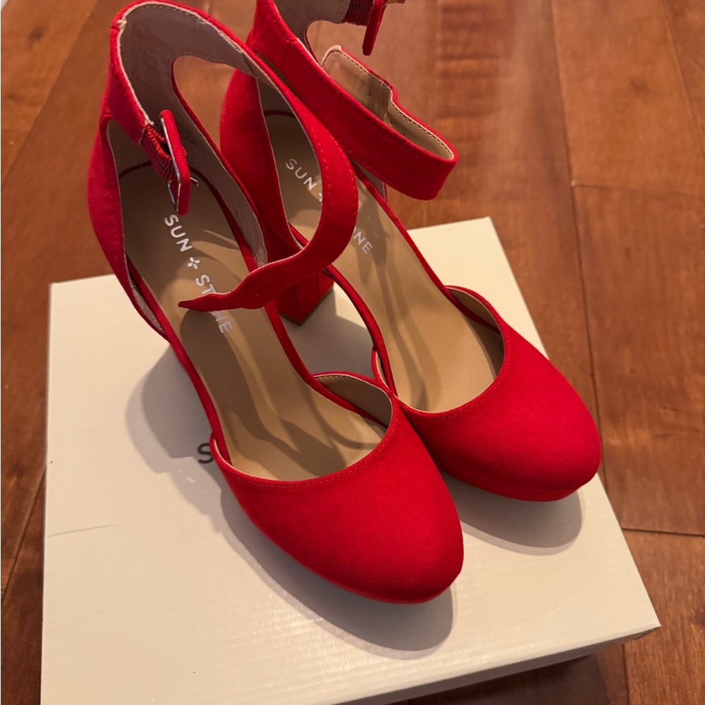 Sun + Stone Red Heels with High Thin Heel and Ankle Strap